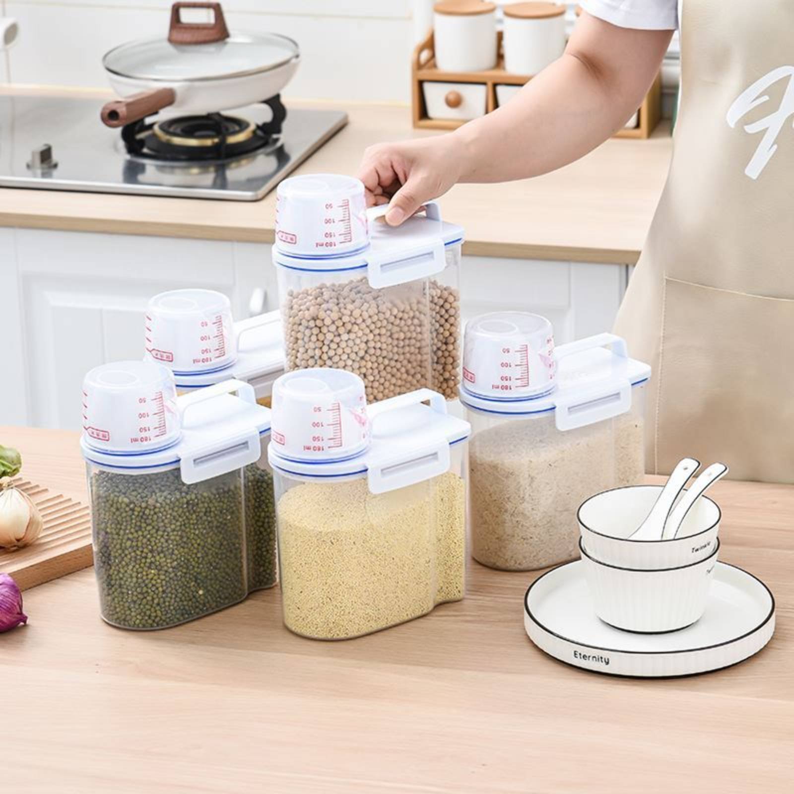 Food Storage And Organizer - Reisaufbewahrungsbehälter Sicherer Reisspender mit Messvorrichtung Trockenfutter-Spender