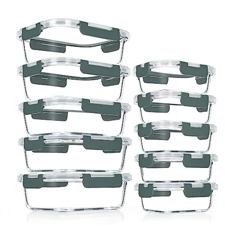 Food Storage Glass Containers - 10er-Pack Glas-Mahlzeitbehälter, Luftdichte Glas-Lunchboxen, Stapelbare Glas-Lebensmittelbehälter-Set