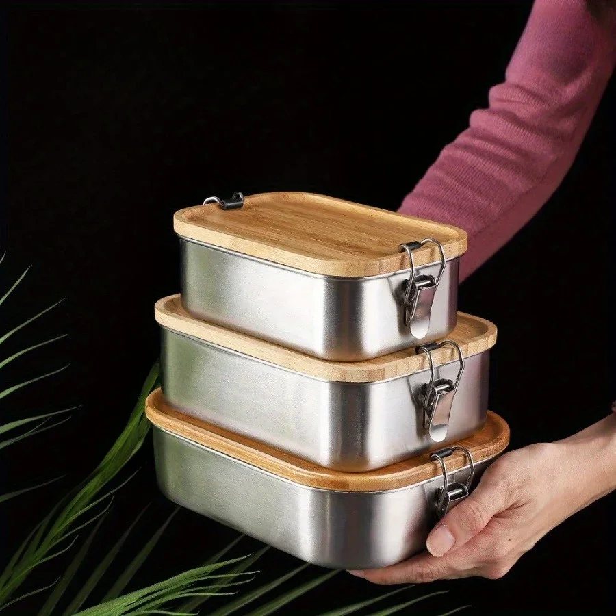 Food Storage Square Containers - Neue Lunchbox mit Bambusdeckel aus Edelstahl