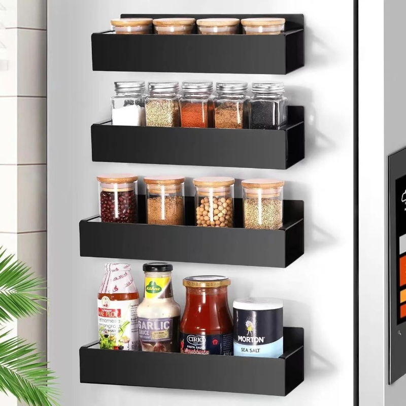 Food Storage Rack For Kitchen - 2er-Pack Schwarzes Magnetisches Gewürzregal für Kühlschrank