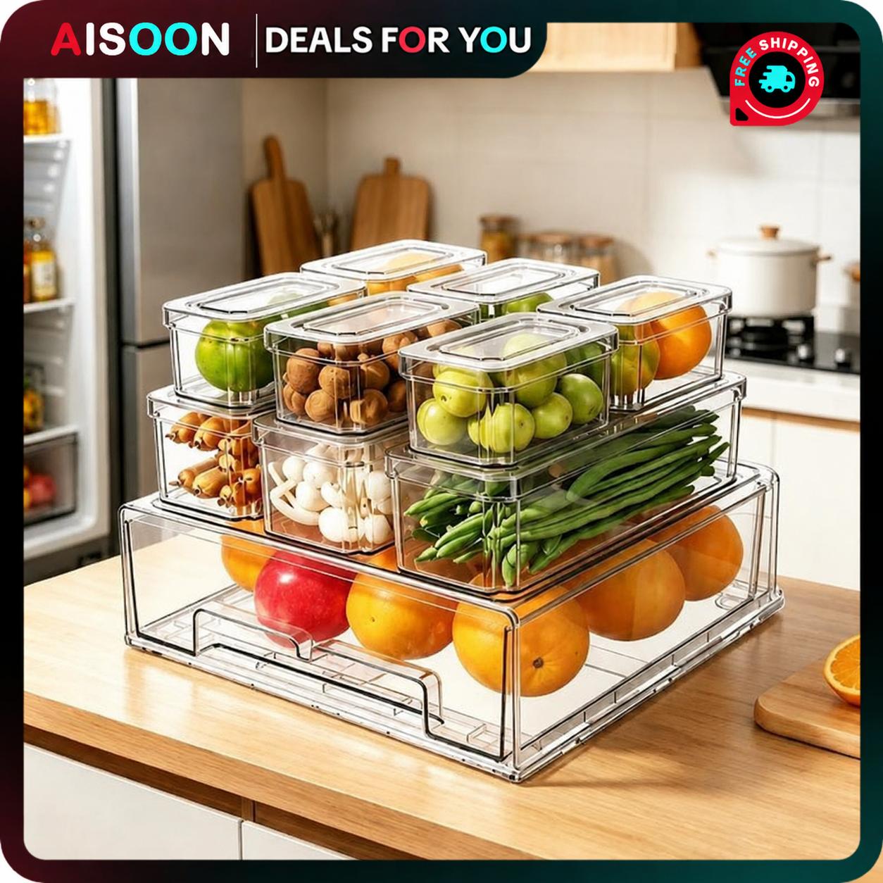 Stackable Pantry Bin - 10/14-teiliges Kühlschrank-Organizer-Set mit Deckeln, ausziehbare Schubladen,